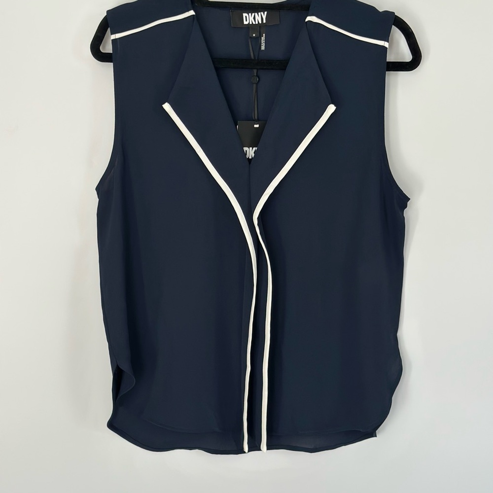 DKNY Casual Women Shirt V Neck Sleeveless Blue Notched Collar Blouse Size M